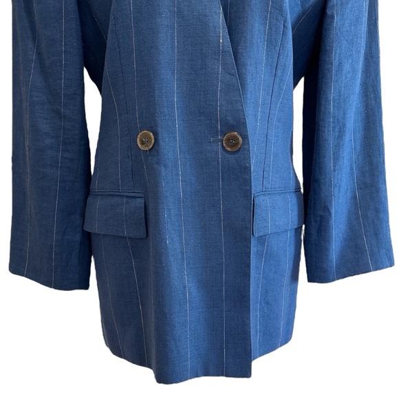 80s DIOR BLUE LINEN PINSTRIPE LUXURY BOXY DOUBLE BREASTED COLLARLESS BLAZER SZ 6 - Picture 7 of 9